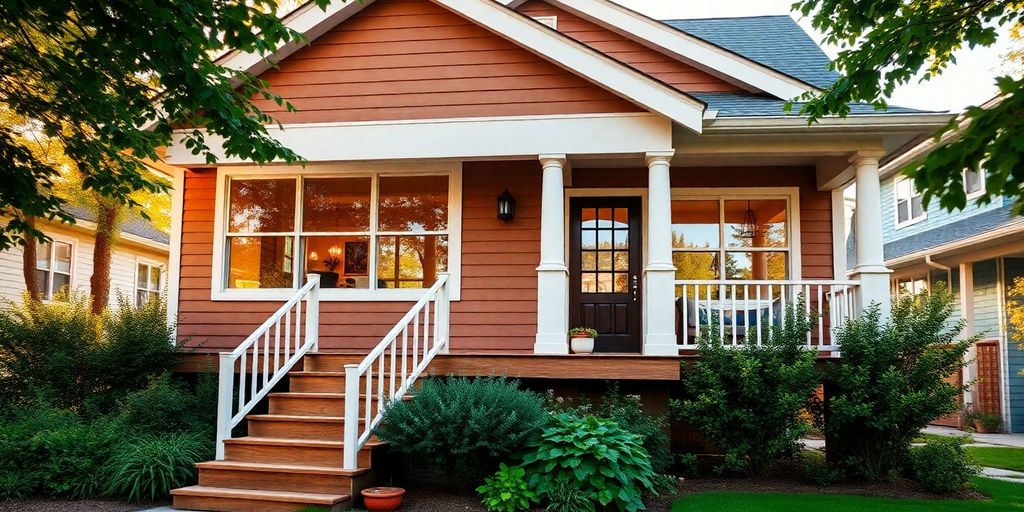 Charming raised bungalow with inviting porch and greenery.