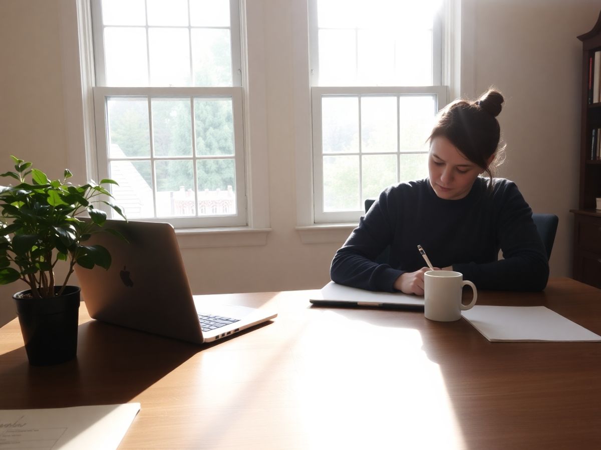 Persoană concentrată scriind la birou acasă