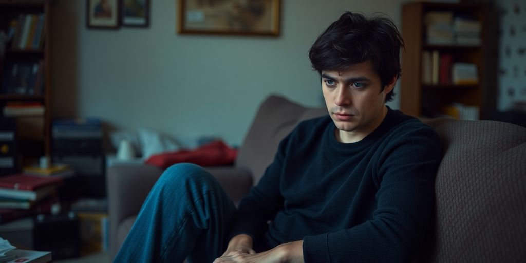 Person looking stressed in a cozy living room.
