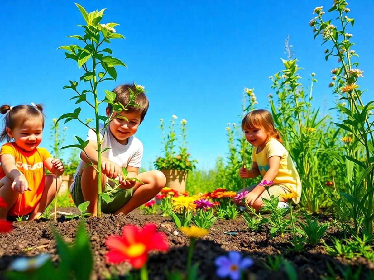 Copii plantează copaci într-un peisaj verde.