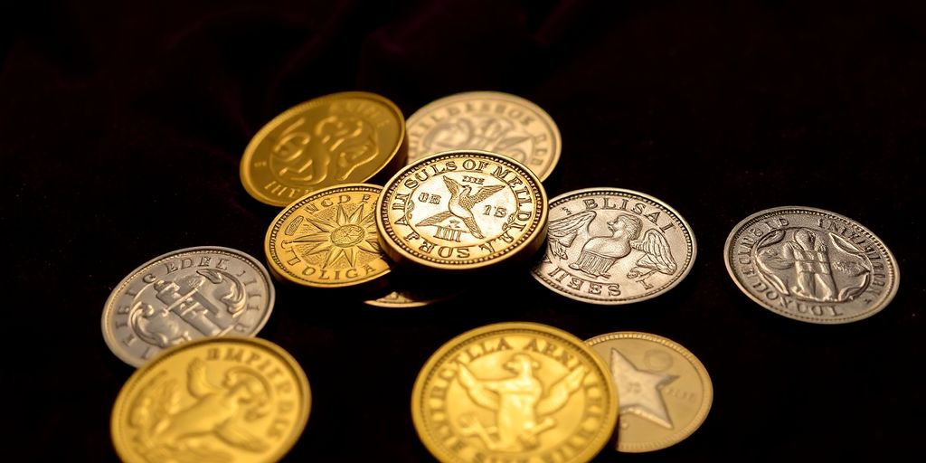 Close-up of antique coins on velvet