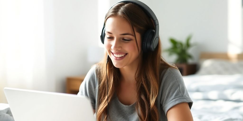 Young person happily singing online with headphones.