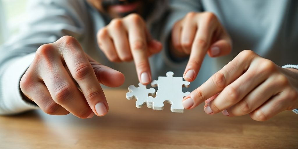 Two people collaborating with a puzzle.