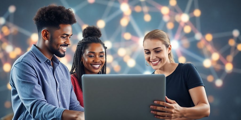 Drie mensen werken samen aan laptop.