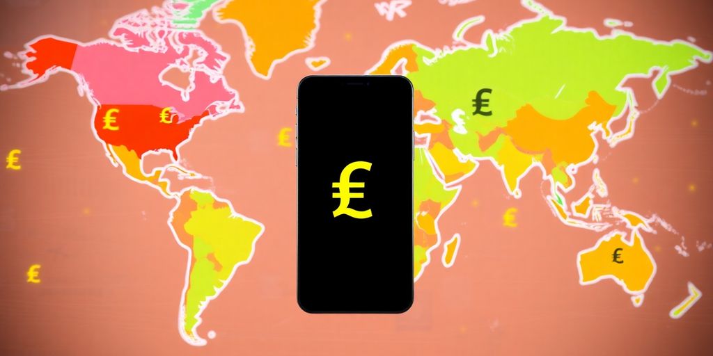 Global map with currency symbols for app pricing.