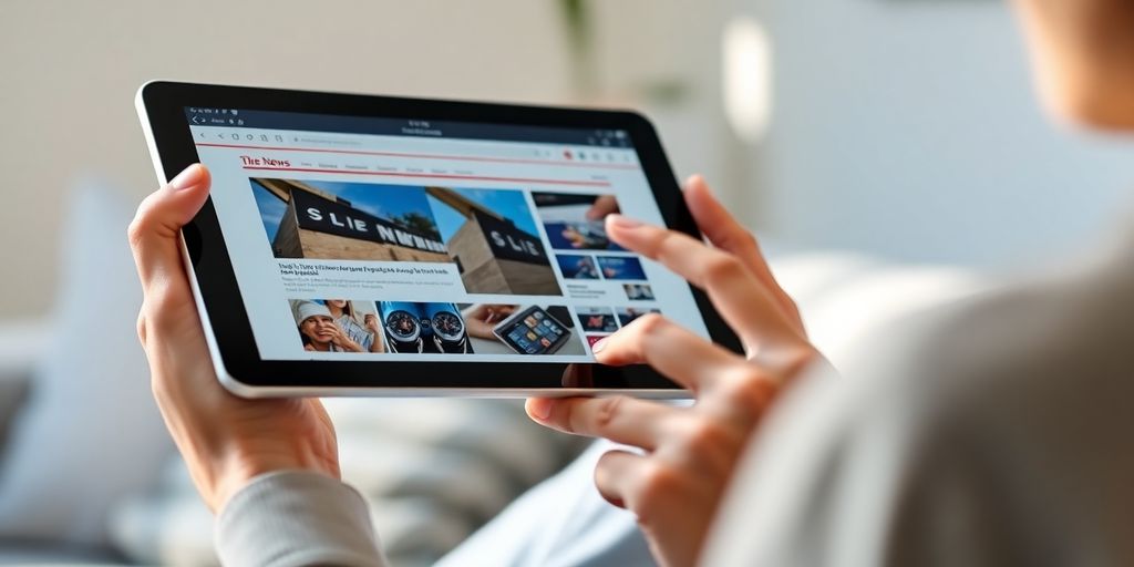 Happy person reading news on digital tablet.
