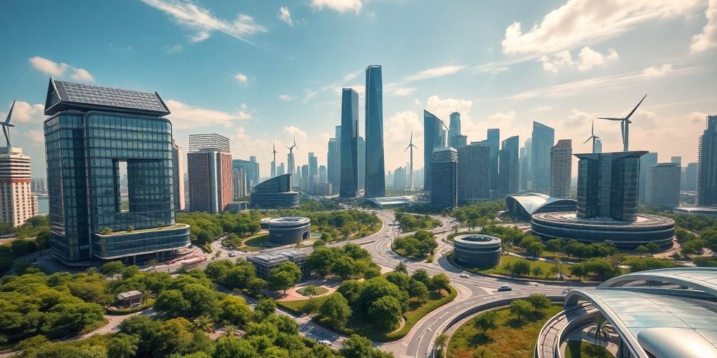 Futuristic smart city skyline with green spaces and technology.