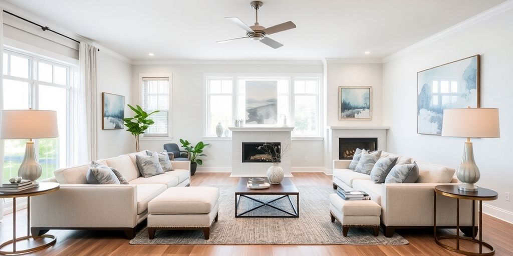 Modern remodeled living space with stylish furniture and decor.