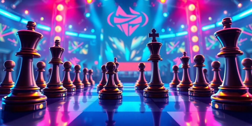 Chess pieces on a vibrant, futuristic board.