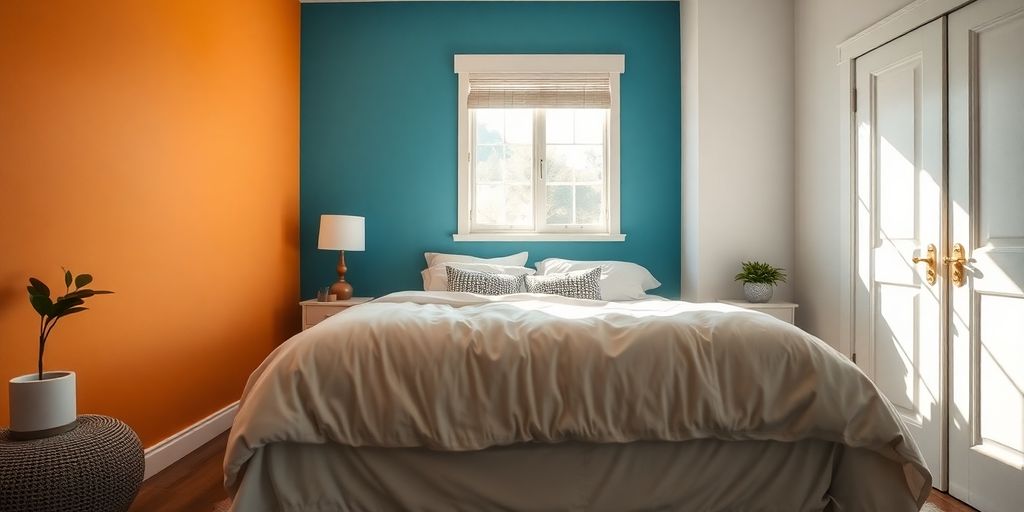 A bedroom with a colorful accent wall and soft decor.