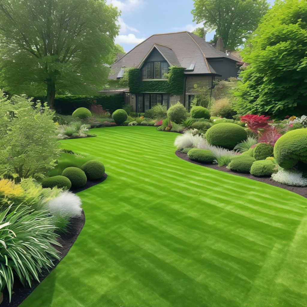 lush green lawn with gardeners overseeding and repairing patches