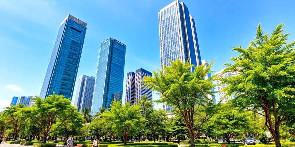 Modern skyscrapers and lush green spaces.