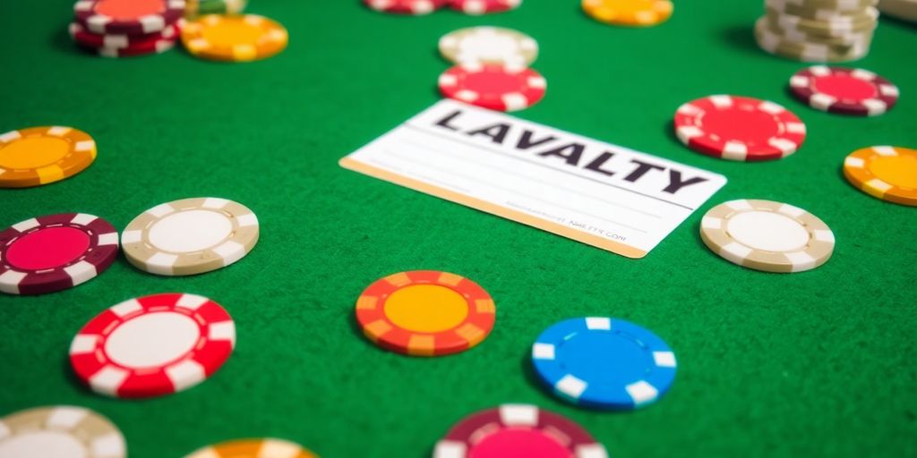 Casino chips and loyalty card on a green felt table.