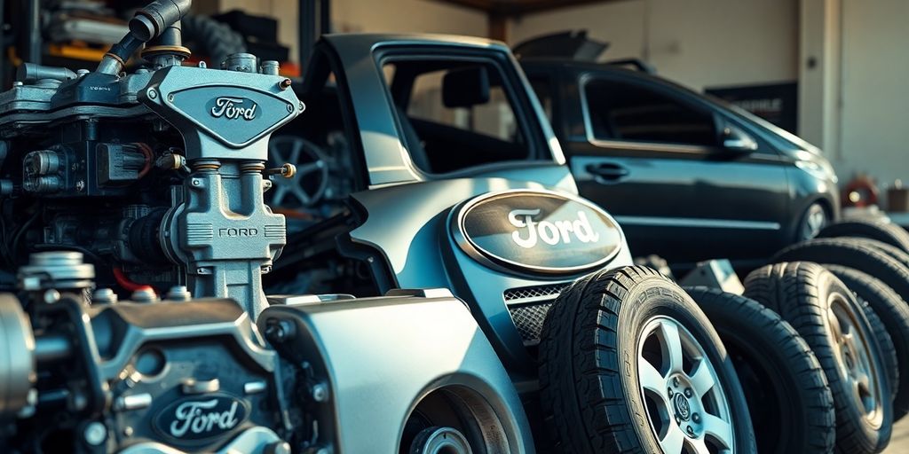 Ford car parts neatly arranged.