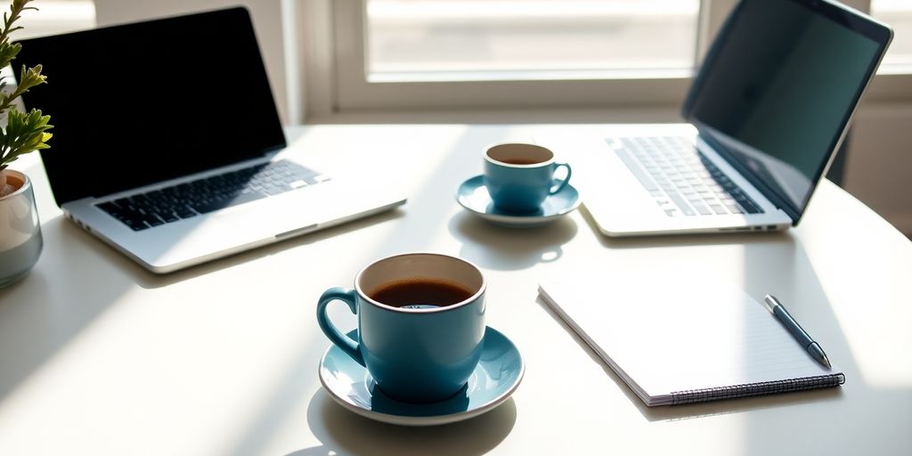 A bright workspace with a laptop and coffee.