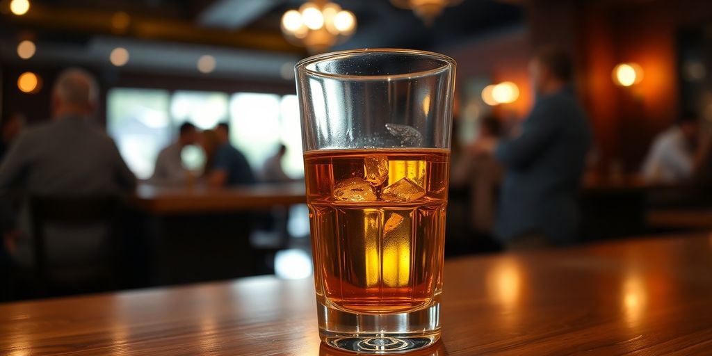Glass of whiskey on a wooden table, blurred bar background.
