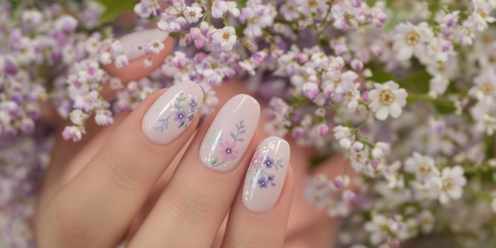 Mão com unhas decoradas em lavanda.