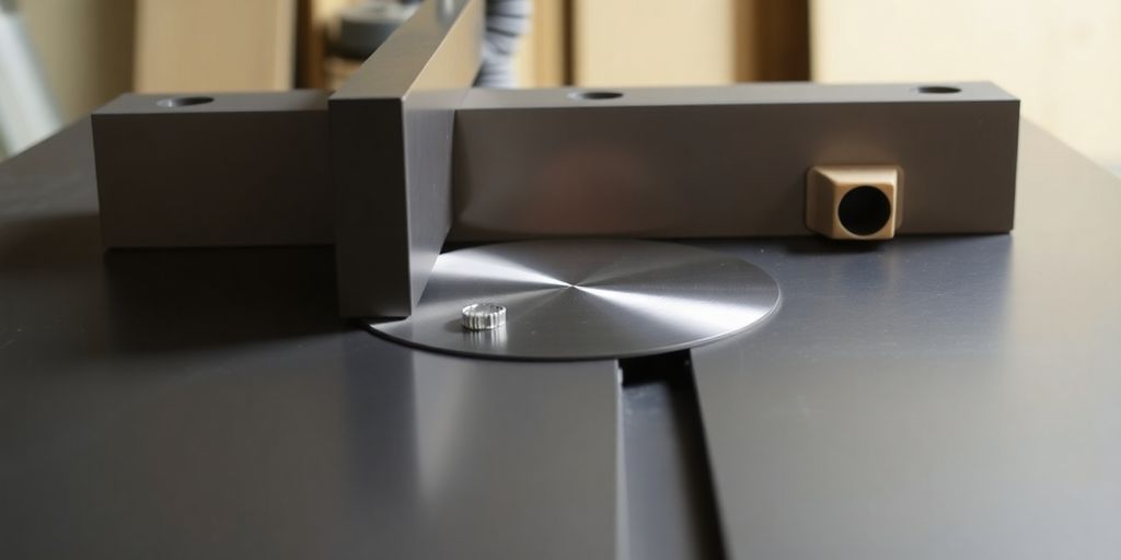 Table saw with detailed view of blade and fence.