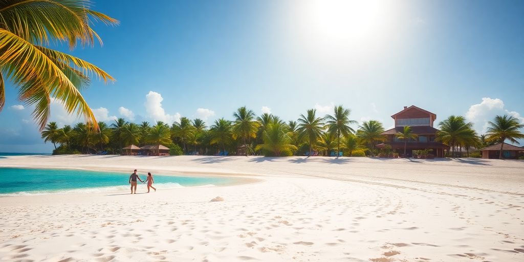 Tropical beach with clear blue water and palm trees.
