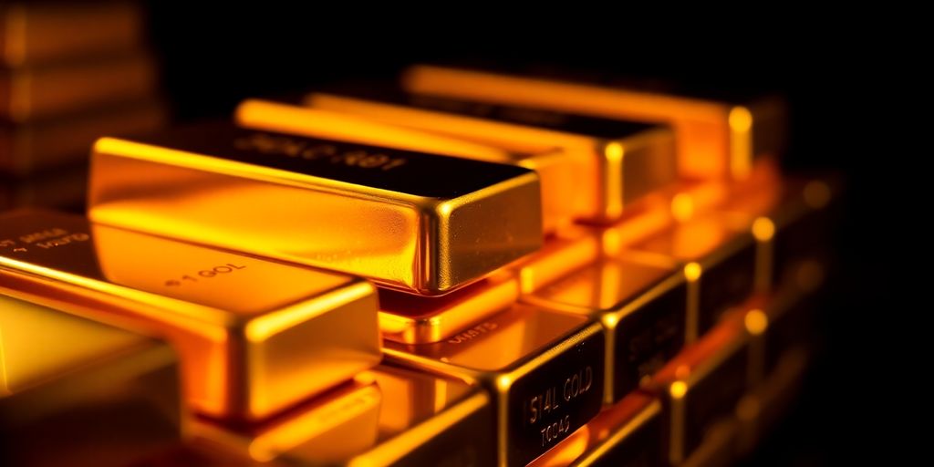 Des lingots d'or empilés sur un fond sombre.