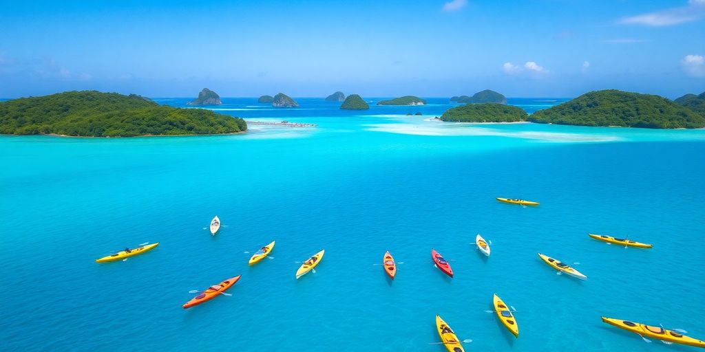 Kayaks floating on clear turquoise water near green islands.