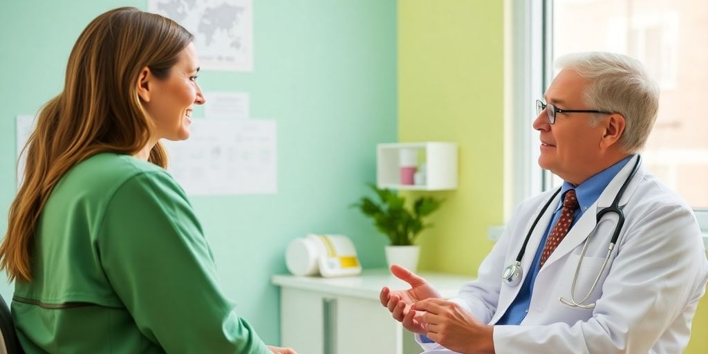Patient und Arzt im Gespräch über Scharlach und Schwangerschaft.