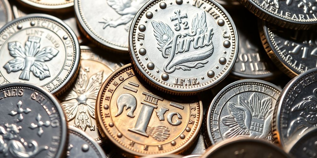Plusieurs pièces en argent anciennes et brillantes alignées.