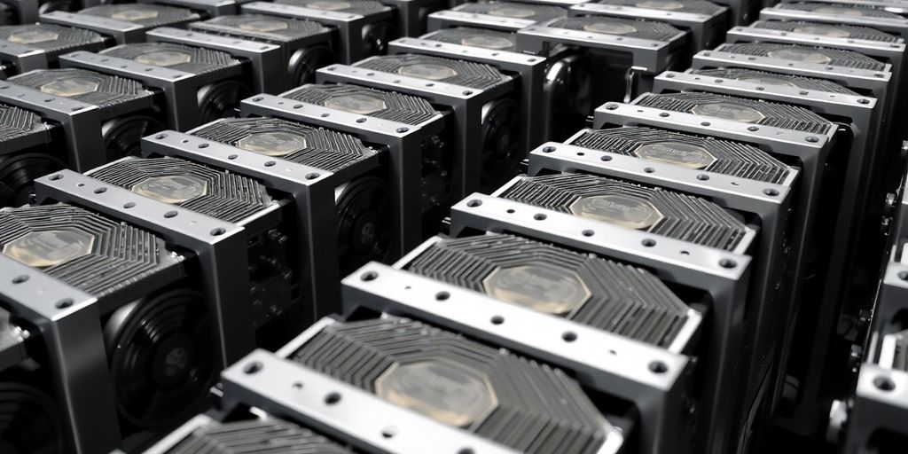 Rows of gleaming ASIC mining machines.