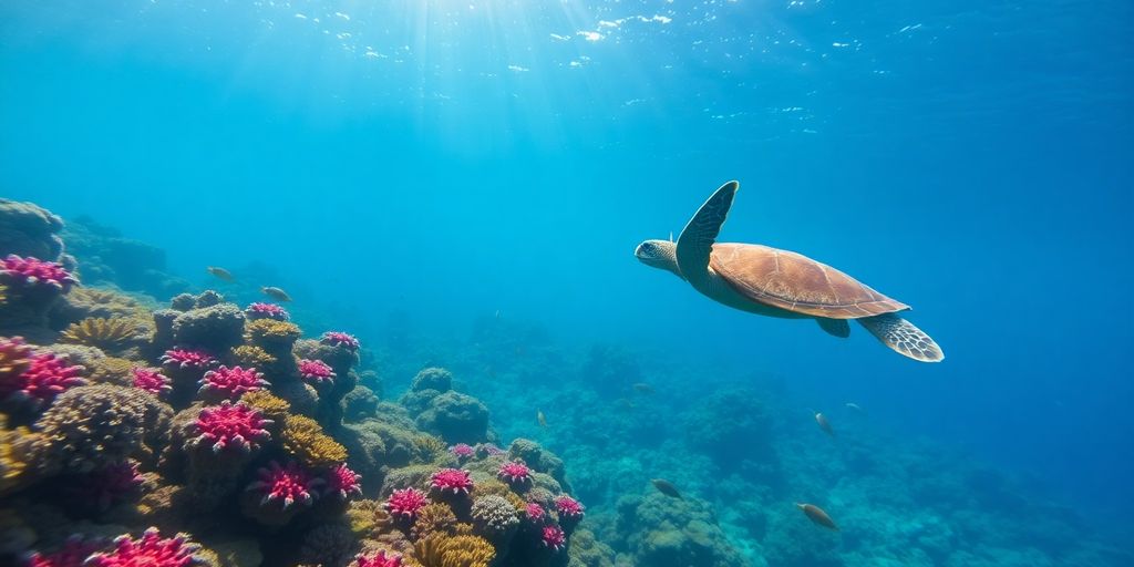 Underwater scene with fish and a sea turtle in Komodo.