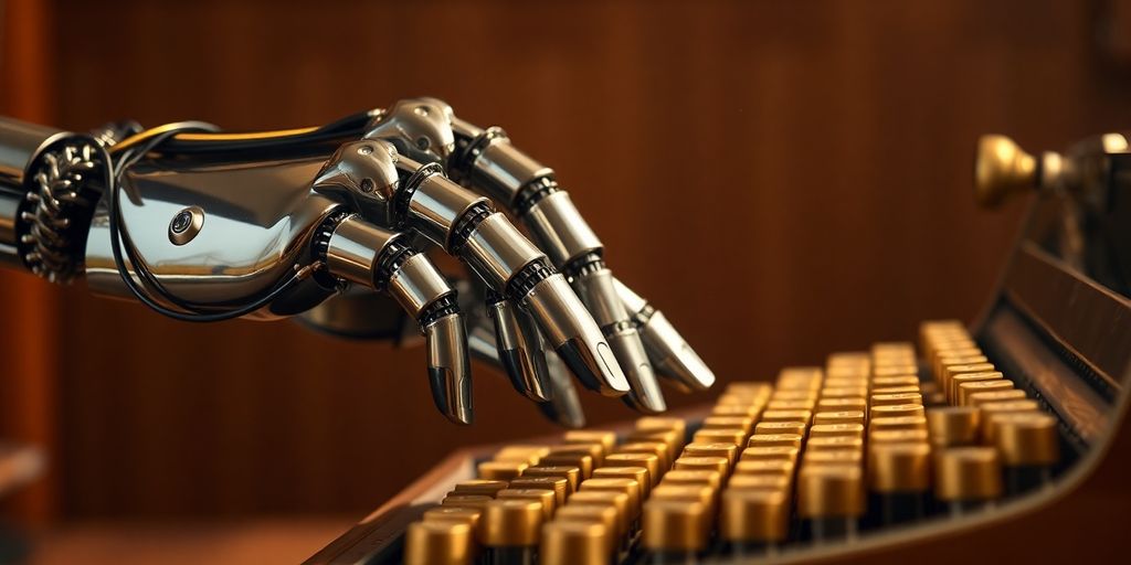 Robot writing novel on old typewriter.