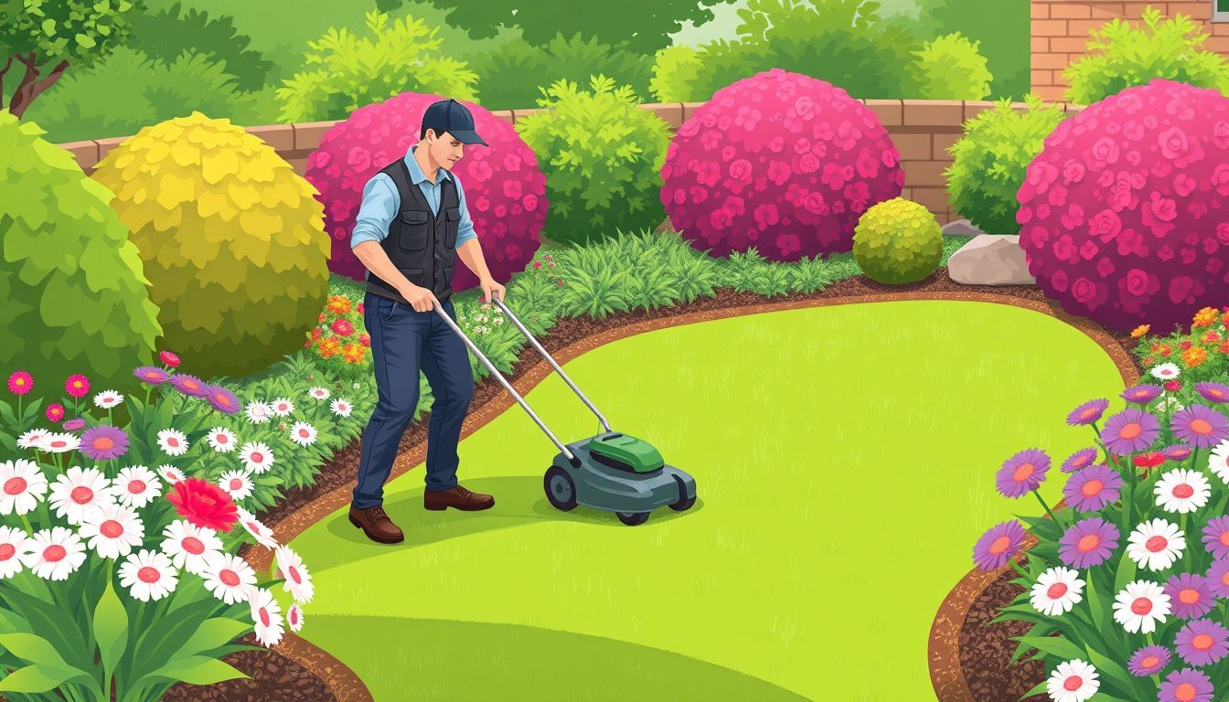 Gardener mowing lawn in a vibrant garden