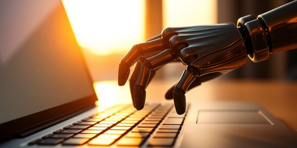 Robotic hand typing on a laptop keyboard.