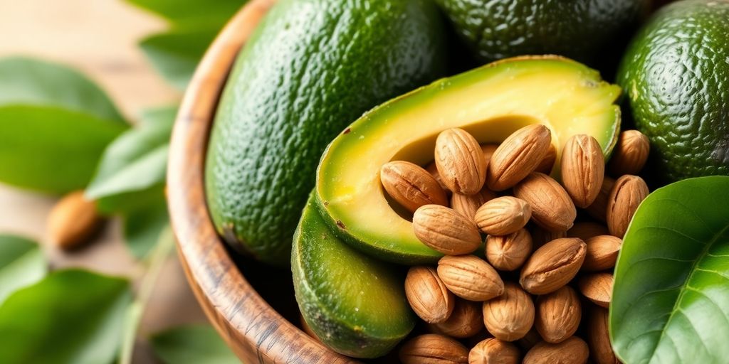 Amêndoas e abacate em uma tigela de madeira.