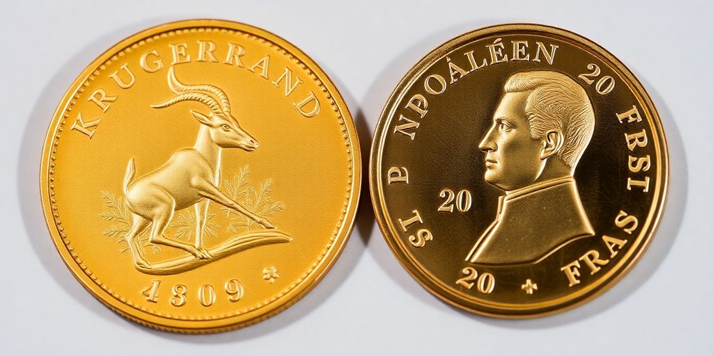 Pièces d'or Krugerrand et Napoléon 20 francs côte à côte.