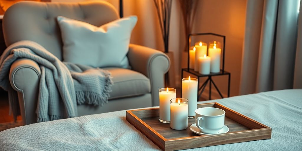 Cozy living room with candles and a cup of tea.