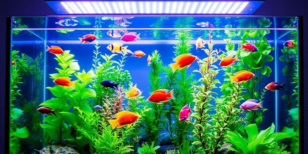 Aquarium with Leddy Slim LED light and colorful fish.