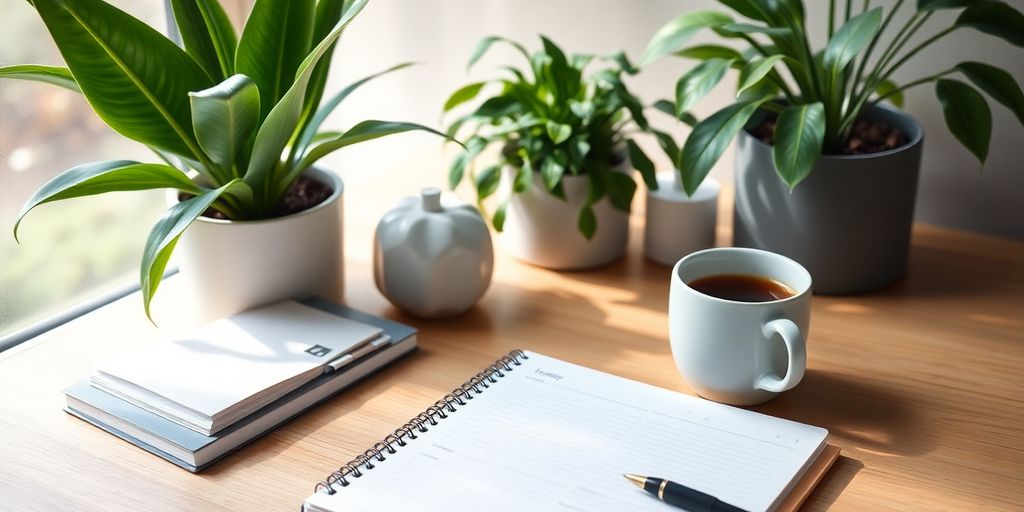 Calm workspace with planner, coffee, and plants.
