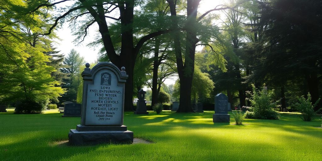 Tranquil cemetery with lush greenery and beautiful headstone.