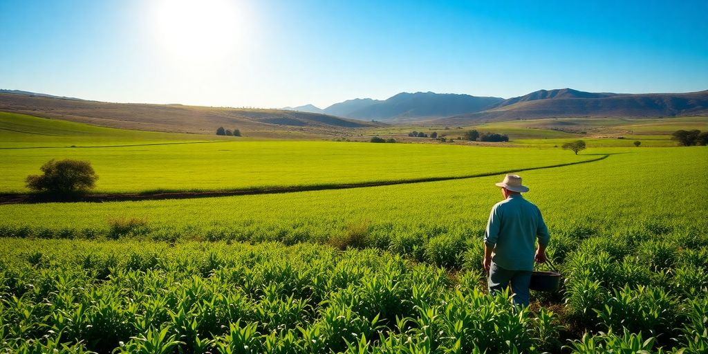 Farmer tending crops with distant mountains.