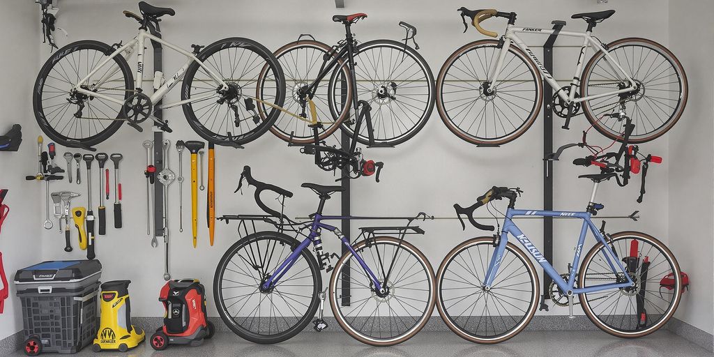Wall-mounted folding bikes neatly organized in a garage.