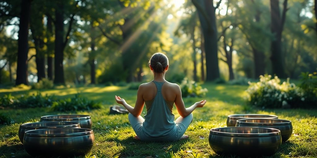 Person meditating with sound bowls in a tranquil nature setting.