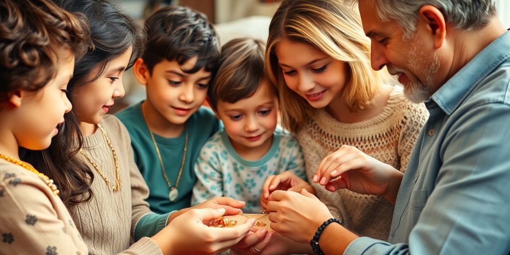 Une famille partageant des bijoux en or.