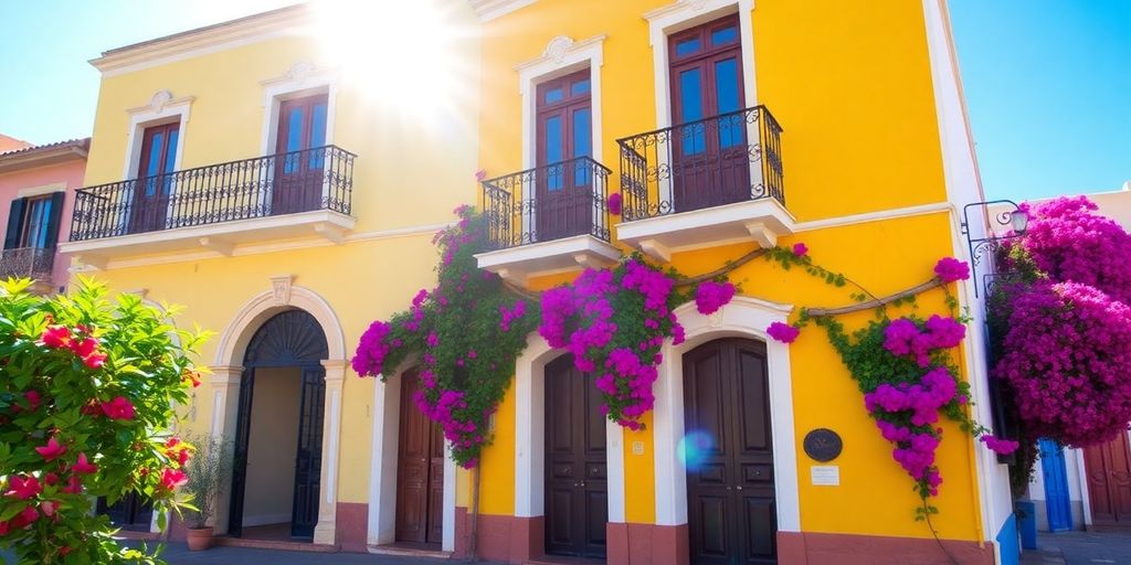 Beautiful Merida colonial home with vibrant colors and lush greenery.
