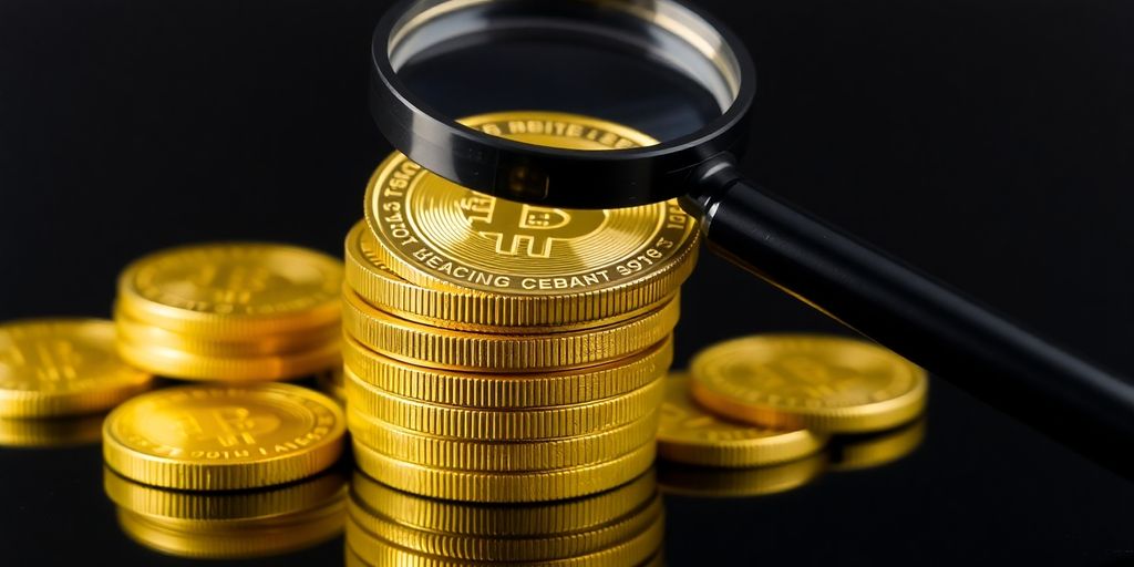 Pièces d'or empilées avec une loupe