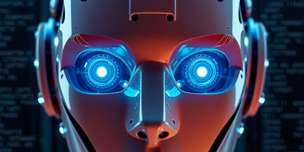 Robot chatbot with gears and code.