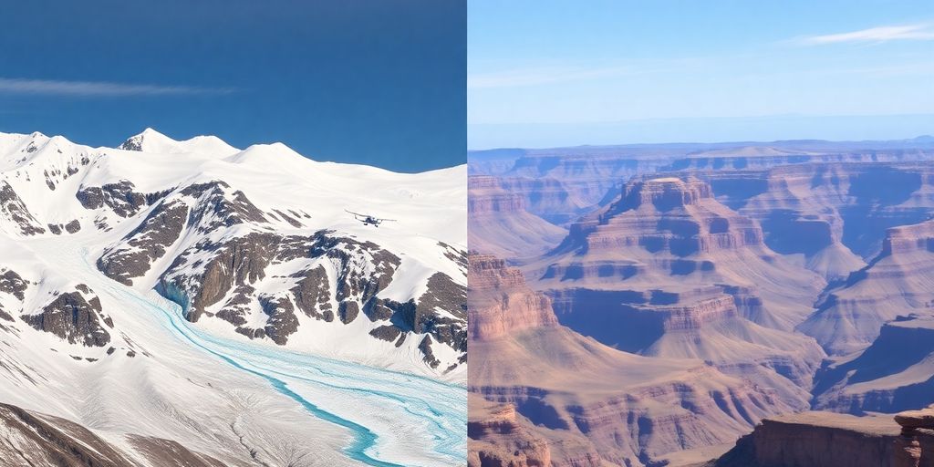 A split view of Alaskan glaciers and Grand Canyon.