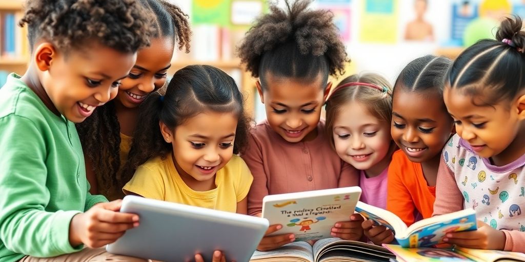 Children reading with tablets in a colorful classroom.