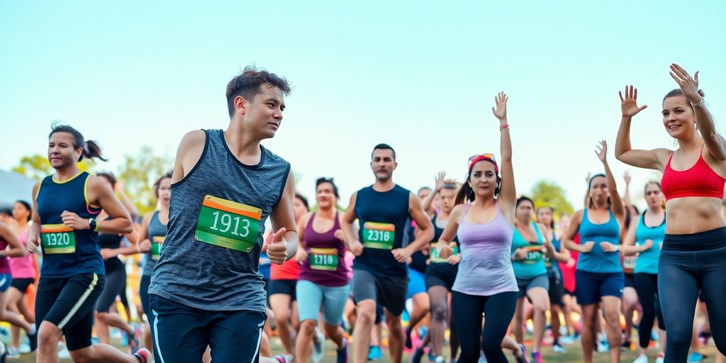 Diverse people exercising outdoors for fitness goals.