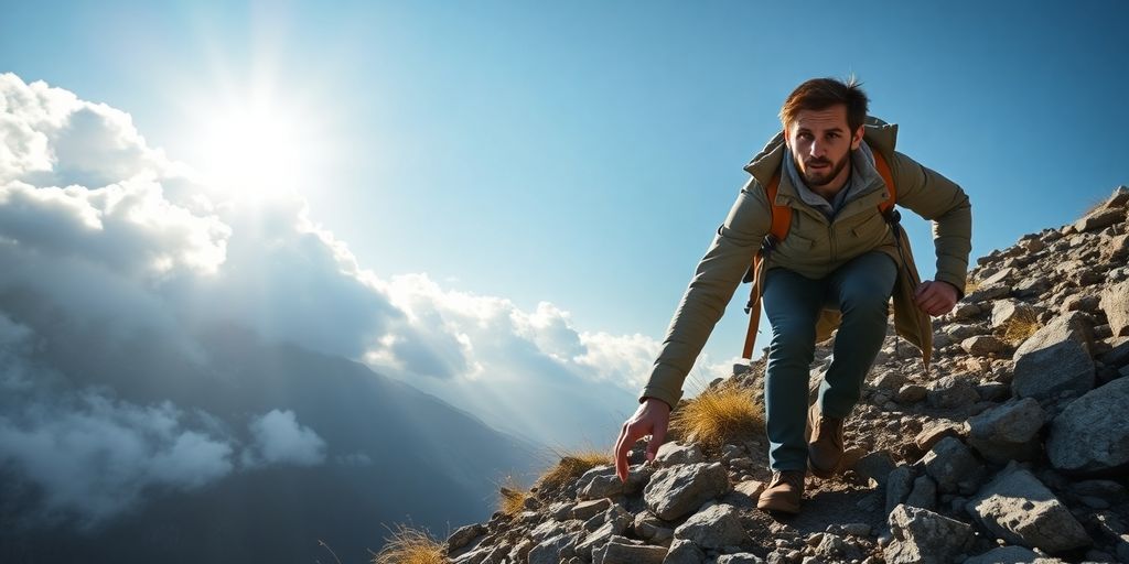 Entrepreneur climbing mountain path, embodying resilience and adaptability.