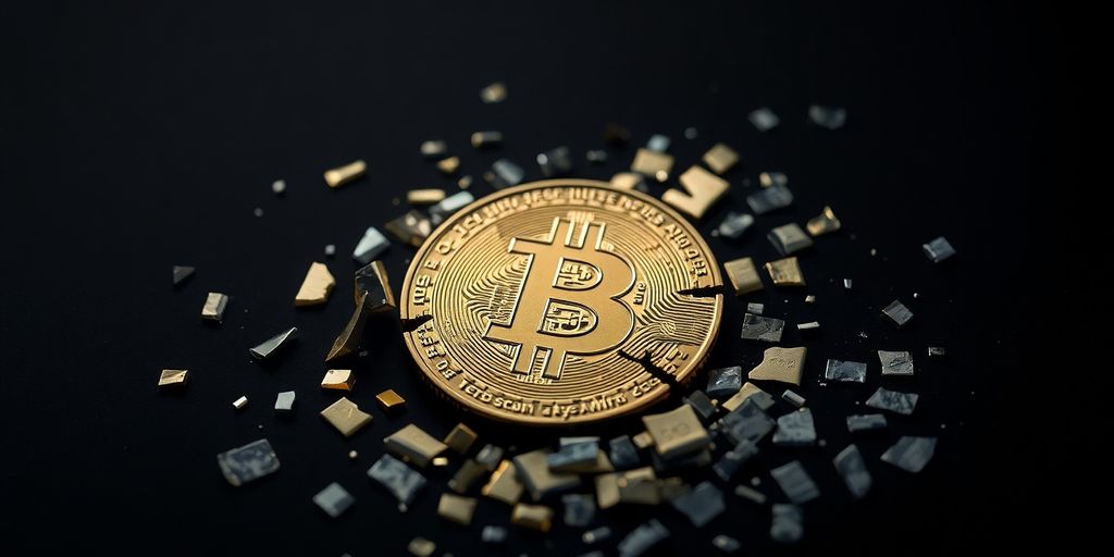 Close-up of a shattered digital coin on dark background.